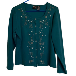 ERIKA Floral Embellished Button Up Sweater, Women’s XLP, Teal Green
